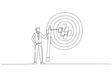 İş adamının çizimleri notalara gol atar ve büyük dart tahtasına hedef alır. Hedef belirleme metaforu, ulaşılabilir hedef veya amacı olan hedef. Tek satır resim stili