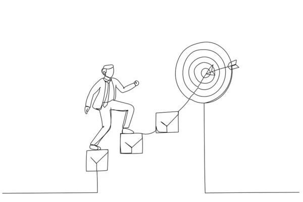 Akıllı iş adamlarının karikatürü hedefe ulaşmak için merdiven olarak yukarı çıkar. Kariyer başarısı için kişisel gelişim planı mecazı. Tek satır aralıksız sanat styl