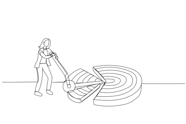 İş kadını tasviri dartboard hedefini parçalara ayırıyor. Büyük golü küçük ulaşılabilir hedeflere indirgeme metaforu. Tek satır resim stili