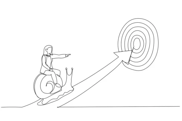 Desenho Empresária Experimentada Montando Caracol Lento Andando Seta Para Alcançar —  Vetores de Stock