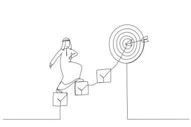 Akıllı Arap iş adamının karikatürü hedefe ulaşmak için merdiven olarak kontrol listesine giriyor. Kariyer başarısı için kişisel gelişim planı mecazı. Bir satır sanat eseri.