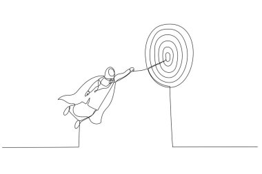 İş kadını müslüman süper kahraman karikatürü iş hedefinden hızla geçiyor. Hedefe ulaşmak, meydan okumak ya da görev için metafor. Bir satır sanat eseri.