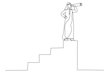 Arap iş adamı ve teleskop çizimi. İş dünyasındaki vizyon kavramı, sembol liderlik, strateji, görev, hedefler. Bir satır biçimi ar