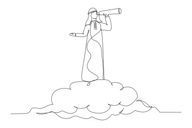 Arap iş adamının teleskop ya da dürbünle iş vizyonu arayışının görüntüleri. Fırsat, vizyon şirketi hedef konsepti. Bir tane aralıksız resim stili.