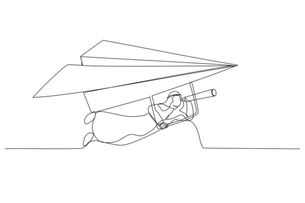 Cartoon Arab Businessman Flying Paper Airplane Origami Glider Telescope See — Vetor de Stock