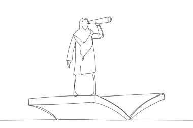 Uçuş kitabında teleskop kullanan Müslüman iş kadınının çizimi. Bilgi, referanslar, fırsat, iş dünyasında vizyon. Tek satır resim stili