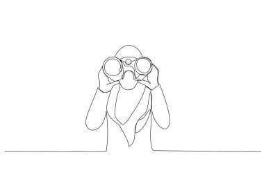 Genç Müslüman iş kadınının dürbünle çizimi. Tek satır resim stili