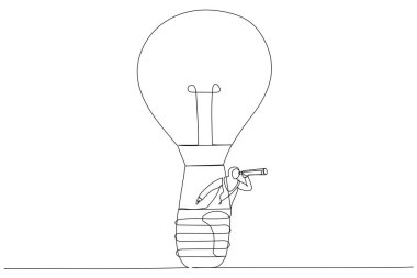 Casus gözlüğü ya da teleskop kullanarak görüş arayarak balona binen Müslüman iş kadını çizimi. Yeni iş fırsatları arayın. Tek ve sürekli çizgi ar