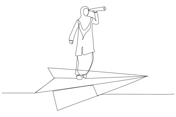 Illustration Muslimsk Affärskvinna Som Flyger Pappersplan Affärvisionär Och Investeringsmöjlighet Illustration — Stock vektor