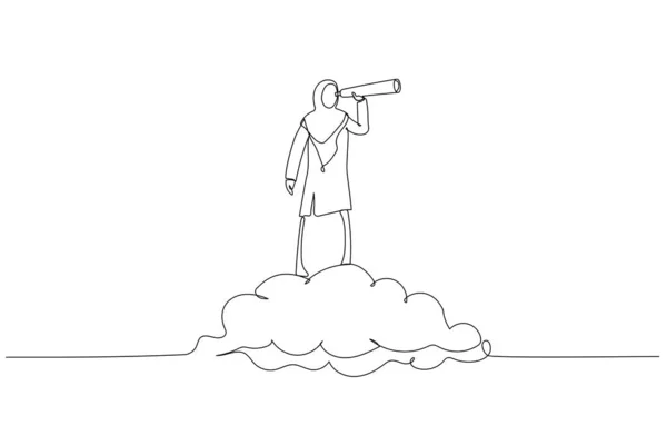 Ilustracja Muzułmańskiej Bizneswoman Jazda Chmurze Trzymając Teleskop Lub Lornetkę Poszukiwaniu — Wektor stockowy