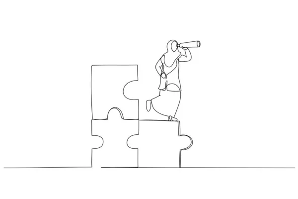 Drawing Muslim Businesswoman Standing Uncompleted Jigsaw Looking Missing Piece Finding — Stock Vector