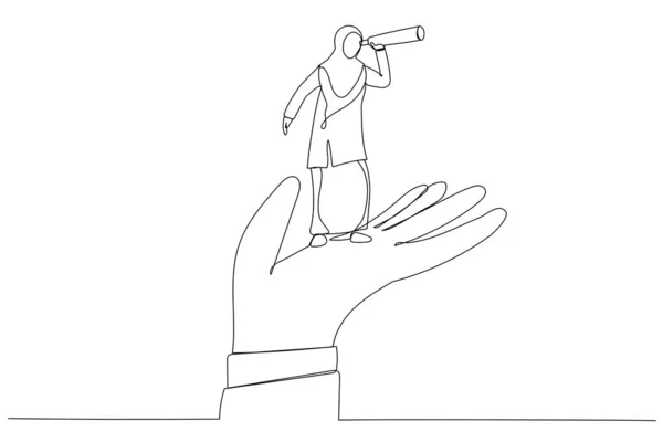 Tecknad Muslimsk Affärskvinna Står Stöd Hand Titta Teleskop Vision Stöd — Stock vektor