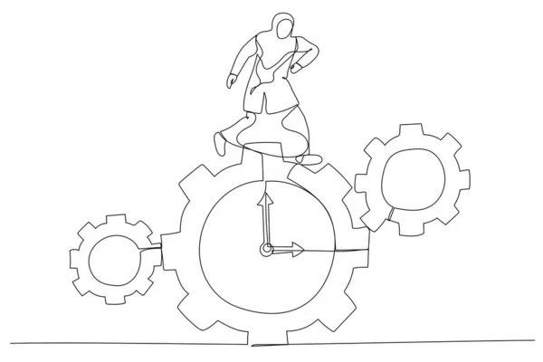 穆斯林女商人的形象是以钟表的形式出现的 时间控制的概念 单行艺术风格 — 图库矢量图片