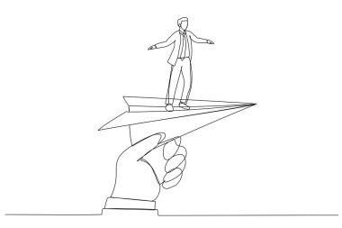Elinde kağıt uçakla iş adamıyla havalanan kocaman bir karikatür. Aralıksız çizgi sanatsal styl