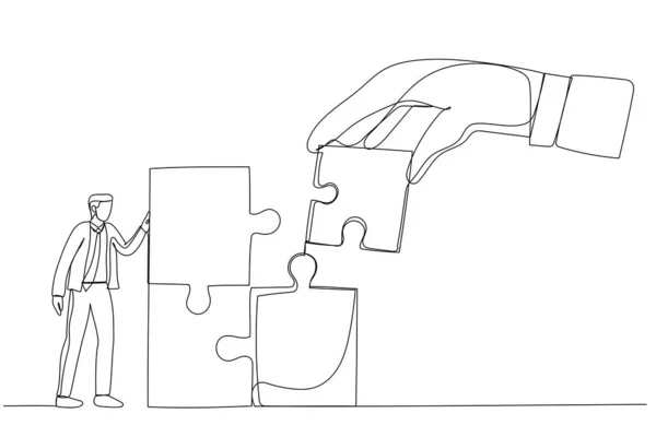 Rysunek Gigantycznej Ręki Połączyć Ostatnią Układankę Biurowym Biznesmenem Metafora Budowania — Wektor stockowy