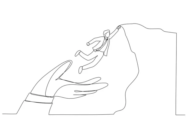 Мультфильм Доверия Бизнесмен Прыгает Помощью Гигантской Руки Достичь Цели Скалы — стоковый вектор