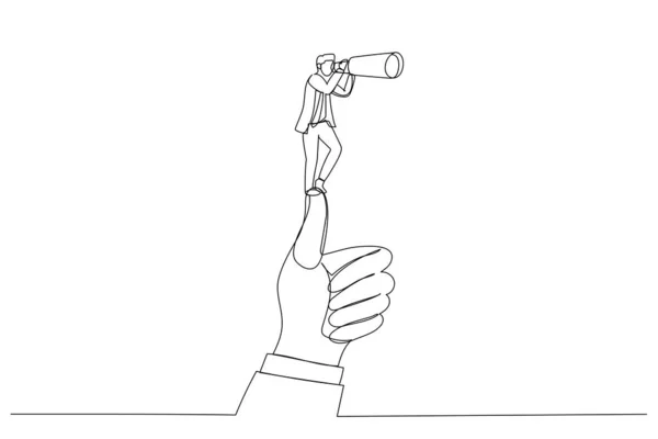 商人用大拇指站着用望远镜遥望远方的漫画 单行连续线条艺术风格L — 图库矢量图片