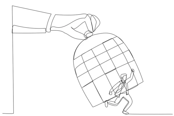 Drawing Giant Hand Capturing Running Businessman Birdcage Single Line Art — Stock Vector