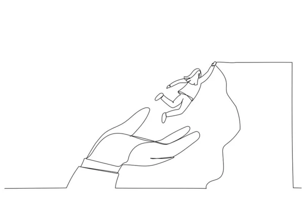 Иллюстрация Уверенности Деловых Женщин Прыгающих Помощи Гигантской Руки Достичь Цели — стоковый вектор