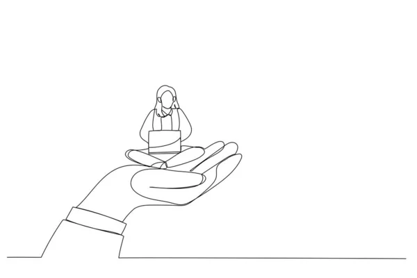Ilustracja Gigantycznej Ręki Trzymającej Bizneswoman Która Pracuje Laptopie Metafora Opieki — Wektor stockowy