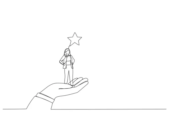 Ilustracja Gigantycznej Ręki Podnoszącej Bizneswoman Gwiazd Pojedyncza Ciągła Linia Art — Wektor stockowy