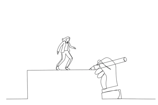 Cartoon Van Gigantische Hand Trekt Een Weg Voor Zakenvrouw Lopen — Stockvector