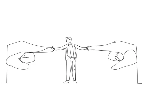 Rysunek Biznesmena Opierającego Się Naciskom Dwóch Gigantycznych Dłoni Sztuka Jednej — Wektor stockowy
