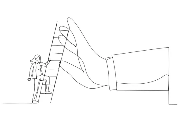 Рисунок Амбициозной Предпринимательницы Собирается Подняться Лестнице Преодолеть Гигантскую Руку Останавливающую — стоковый вектор