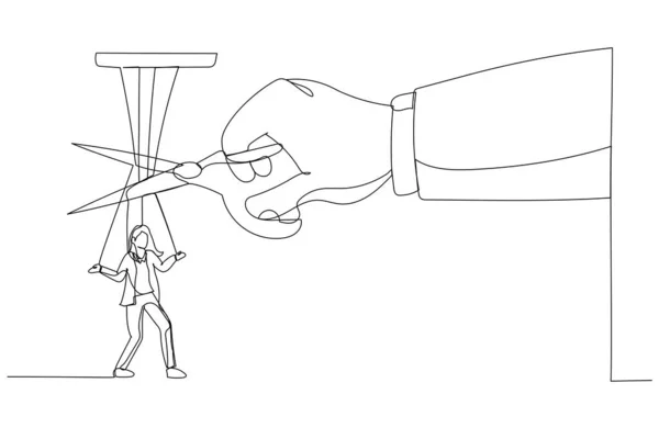 実業家に付けられた紐を切断はさみで巨大な手の漫画 解放のための隠喩 シングルラインアートスタイル — ストックベクタ