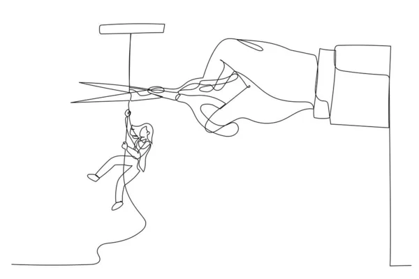 ロープを切るはさみで巨大な手の間にロープに登る実業家の図面 連続ラインアートスタイル — ストックベクタ