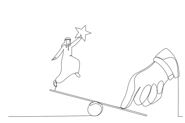巨大な親指のイラストシーソーにジャンプするアラブのビジネスマンを支援します 一本の線画 — ストックベクタ