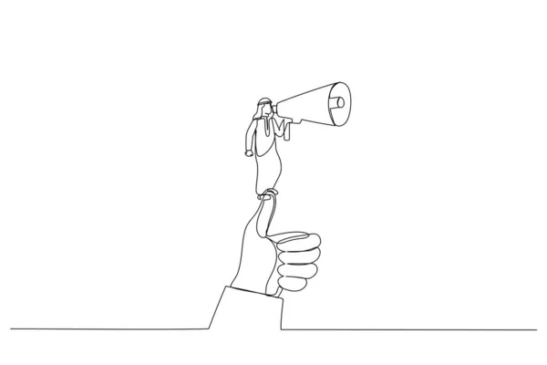 画一个拿着扩音器站在大拇指上的阿拉伯男子 比喻领袖的讲话 单行艺术风格 — 图库矢量图片