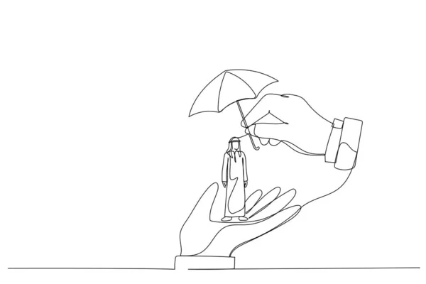 Рисунок Босса Держащего Руках Крошечных Арабских Бизнесменов Метафора Заботе Сотрудниках — стоковый вектор