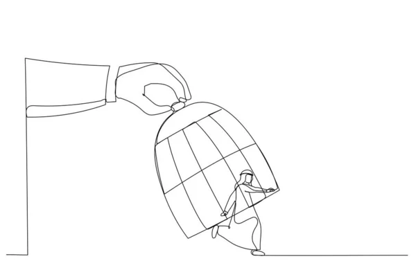 Desenho Mão Gigante Capturando Empresário Árabe Execução Com Gaiola Pássaros — Vetor de Stock
