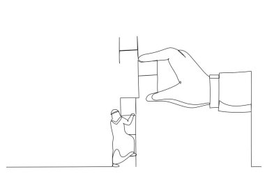 Arap işadamı çizgi filmi, daha yükseğe ulaşmak için yardım eden kocaman bir el ile kırık merdivenin tepesine tırmanıyor. Tek satır aralıksız sanat styl