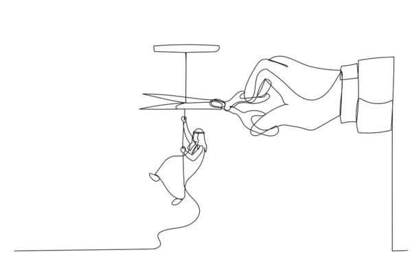 Рисунок Арабского Бизнесмена Лазающего Веревке Между Гигантская Рука Ножницами Перерезающими — стоковый вектор