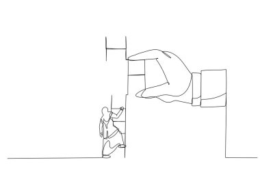 Müslüman bir kadının, daha yükseğe ulaşmak için büyük bir yardım eli uzatarak kırık merdivenin tepesine tırmanması. Tek satır resim stili