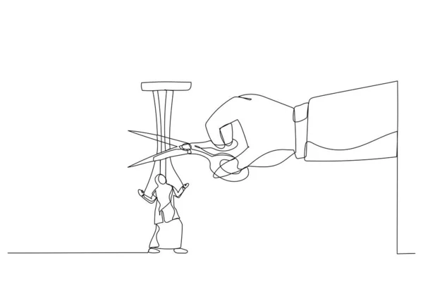 Kreskówka Gigantyczną Ręką Nożyczkami Przecinającymi Sznurki Związane Muzułmańską Bizneswoman Metafora — Wektor stockowy