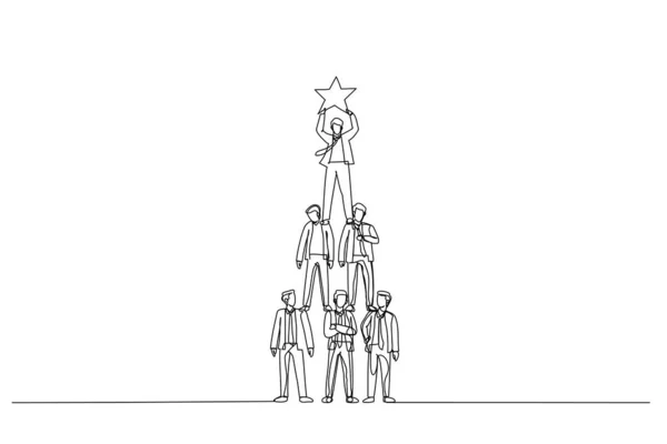 Cartoon Van Teamwork Zakenman Piramide Bereiken Ster Een Lijn Stijl — Stockvector