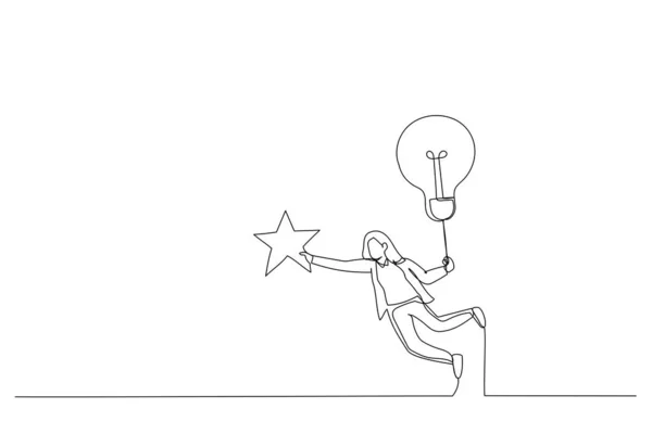 画中的女商人带着灯泡的想法飞来飞去 想抓住天上的星星 用于创新的隐喻 一个连续的线条艺术风格 — 图库矢量图片