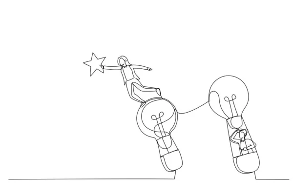 熱気球での実業家の漫画上の星に飛んでいます 創造性のための隠喩 一本の線画 — ストックベクタ