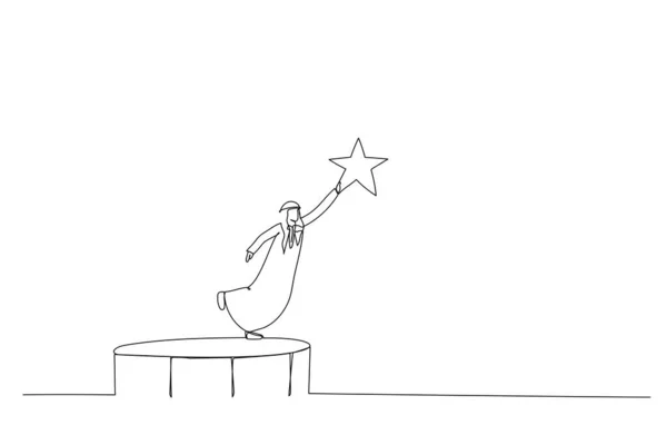 星をつかむために高く飛んでトランポリンジャンプでアラブのビジネスマンバウンスのイラスト 達成のための隠喩 連続ラインアートスタイル — ストックベクタ