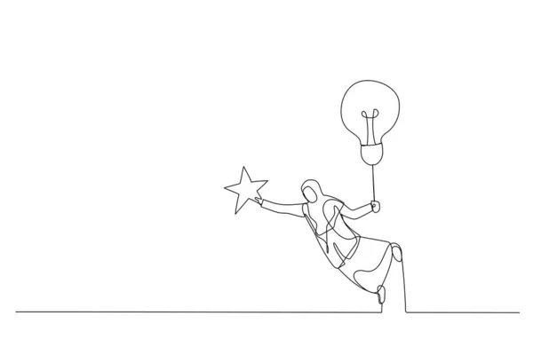 卡通片中的穆斯林女子带着灯泡的想法飞向天空捕捉星星 用于创新的隐喻 单行艺术风格L — 图库矢量图片