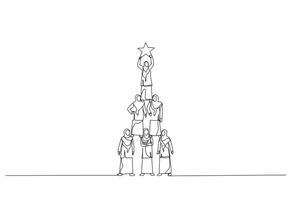 チームワークのイスラム教徒の女性のピラミッドのイラストスターに到達する 一本の連続線画 — ストックベクタ