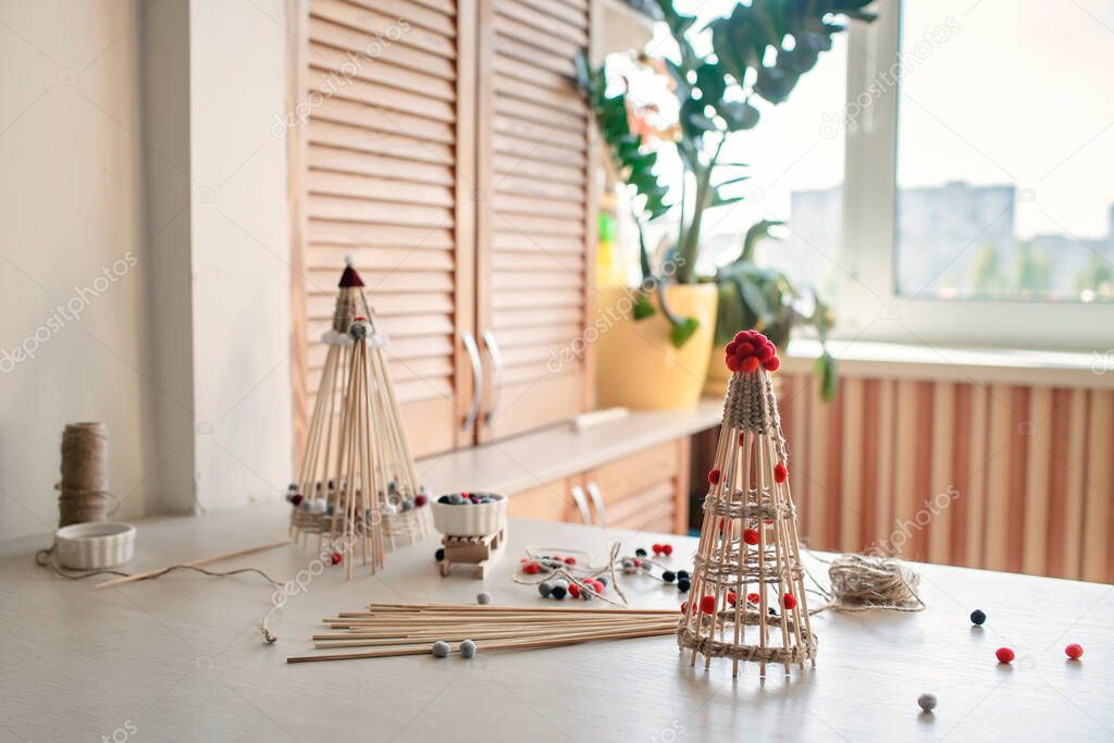 Wooden crafted Christmas tree from bamboo marshmallow roasting sticks