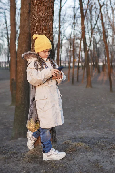 Chica con bolsa de malla ecológica con frutas utiliza el teléfono celular en el parque de otoño, cero residuos y estilo de vida sostenible — Foto de Stock