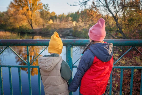 Dos hermanos miran la hermosa vista del bosque de otoño y su reflejo en el agua del lago — Foto de Stock