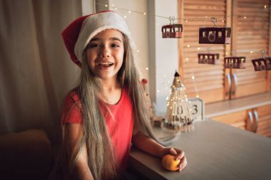Orijinal takvimine göre çocuk, tuvalet kağıdı rulolarından yapılmış kayak merkezi. Sihirli Noel tatili
