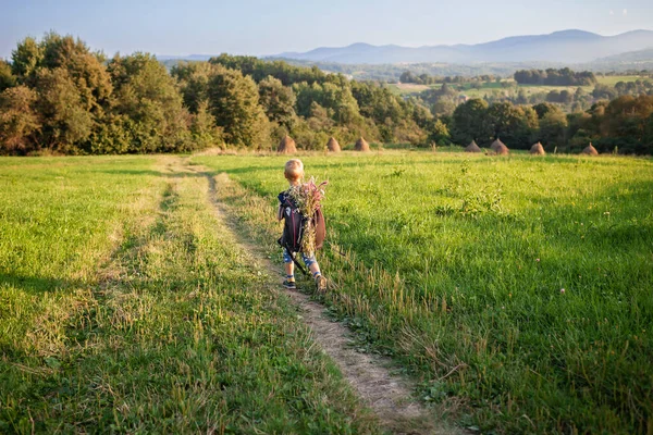 Маленький турист с рюкзаком приходит с горы и несет букет полевых цветов, красоты природы — стоковое фото
