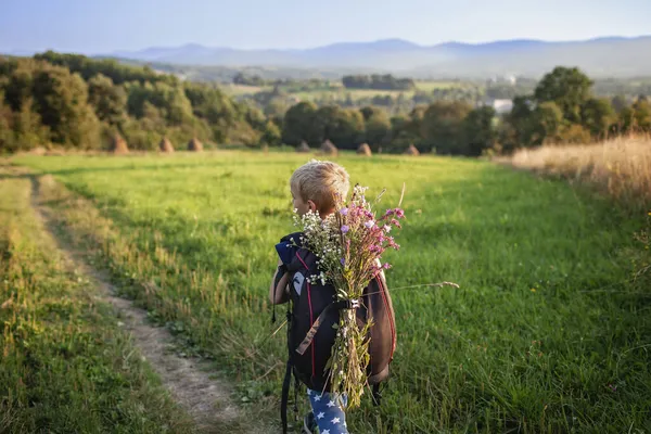 Little hiker with backpack comes from mountain and carries bouquet of wildflowers, beauty of nature — Stock Photo, Image